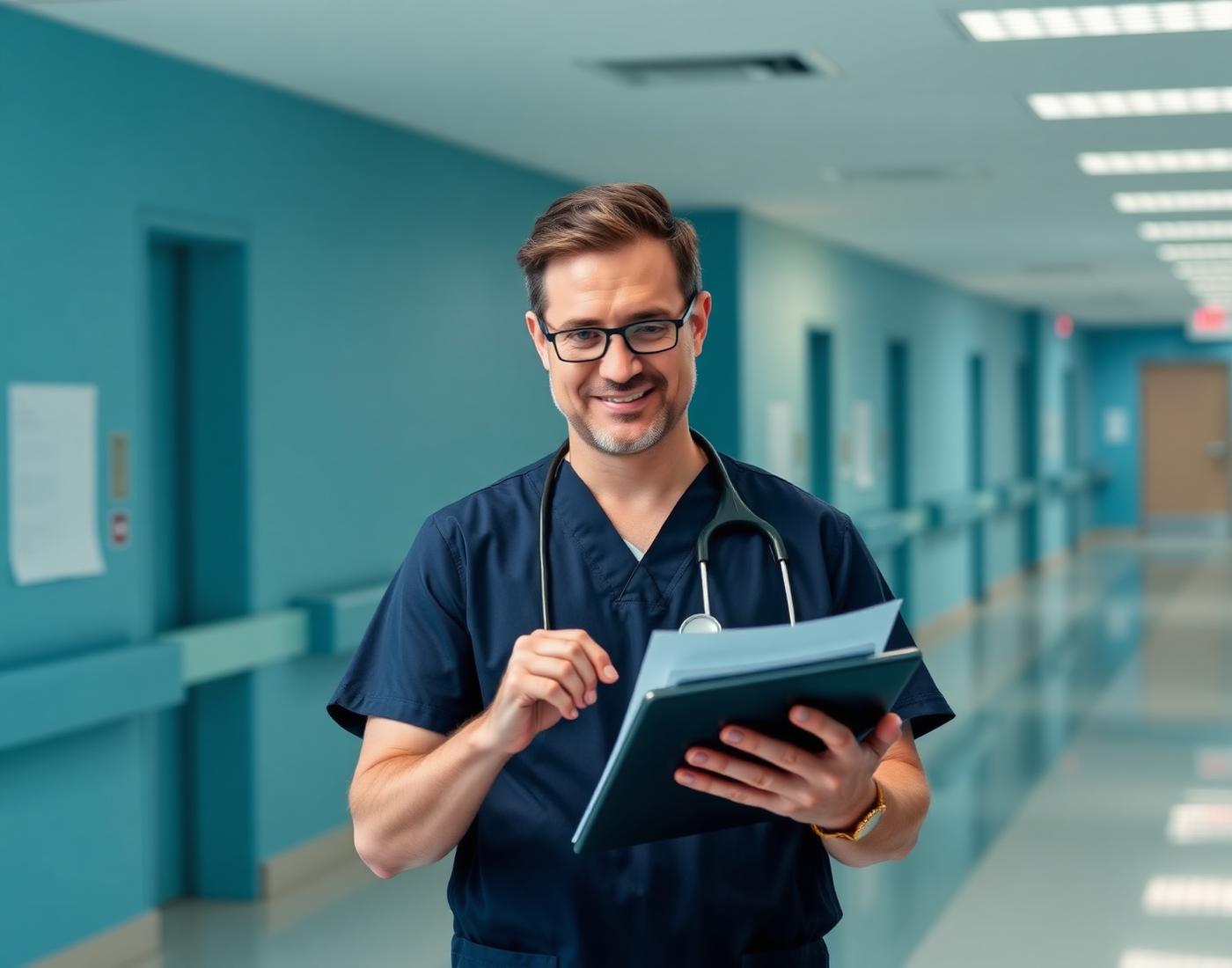 Doctor in navy scrubs reviewing application documents in an NHS hospital corridor